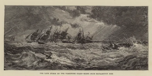 Późny sztorm na wybrzeżu Yorkshire, scena z molo w Bridlington